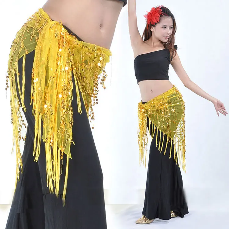 Belly เต้นรำสะโพกผ้าพันคอเอวโซ่อินเดียเลื่อมผ้าพันคอเต้นรำเข็มขัด Bellydance เข็มขัด Bellydance Hip ผ้าพันคอ 9 สี