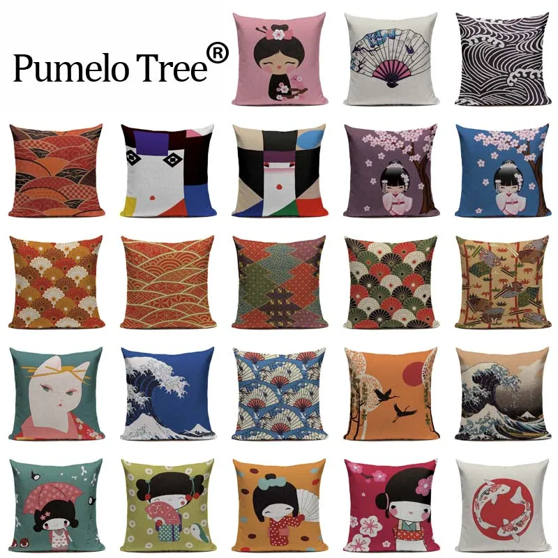 Funda de almohada de lino con estampado japonés, cubierta de cojín de decoración Vintage, Kimono Fuji, chica, mar, decoración del hogar, sofá