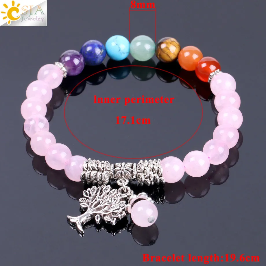 CSJA quarzo cristallo rosa naturale 7 Chakra gemma pietra perlina bracciale albero pendente preghiera guarigione braccialetti elasticizzati gioielli da donna F129