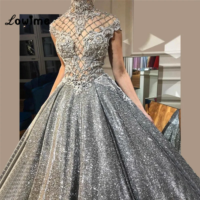 Silver Glitter Special Fabric Vintage Evening Dress Custom Beading Long Prom Dresses Dubai Abaya Muslim Women Dresses African