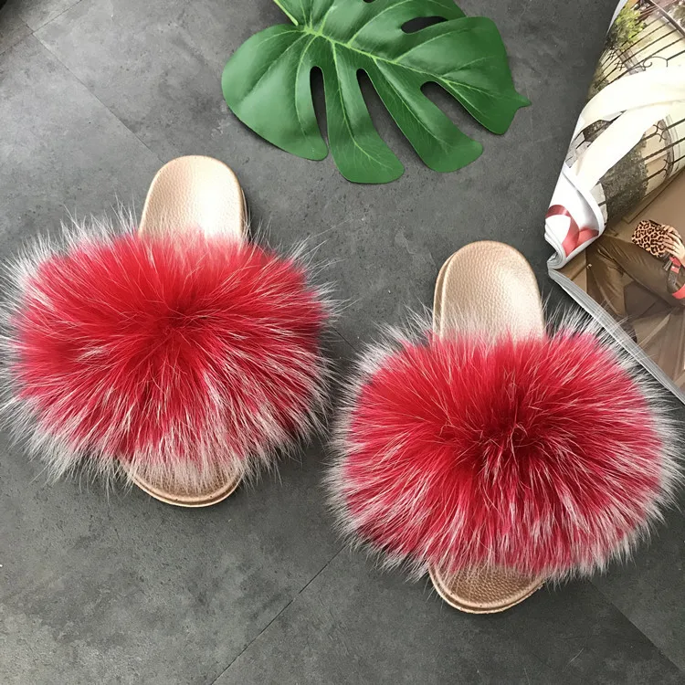 2019 real Red Raccoon Fur Sandals Women Slides Fox Hair Flat Fluffy Fashion Home Summer Big Size Natural Furry Flip Flops Shoes