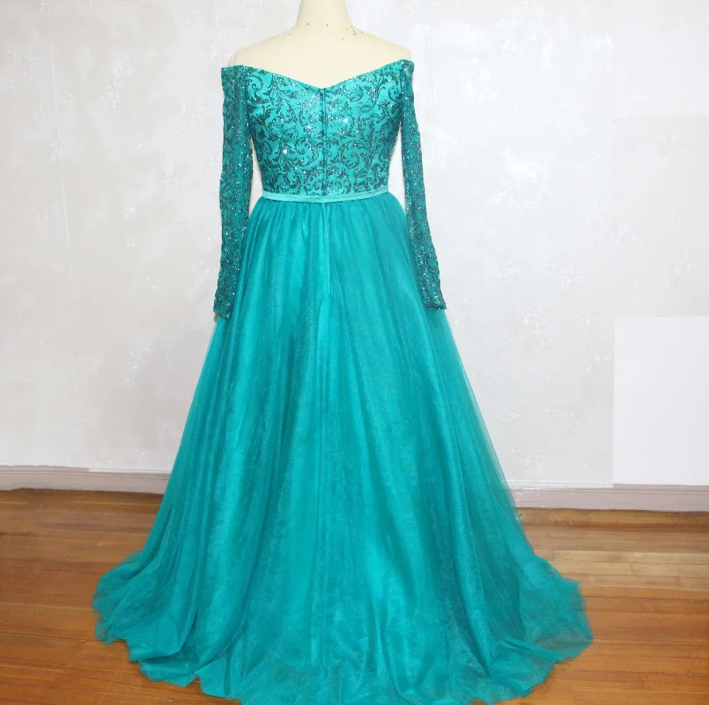 New Arrival Green Off the Shoulder Bling Long Sleeve Pleated Formal Prom Dress