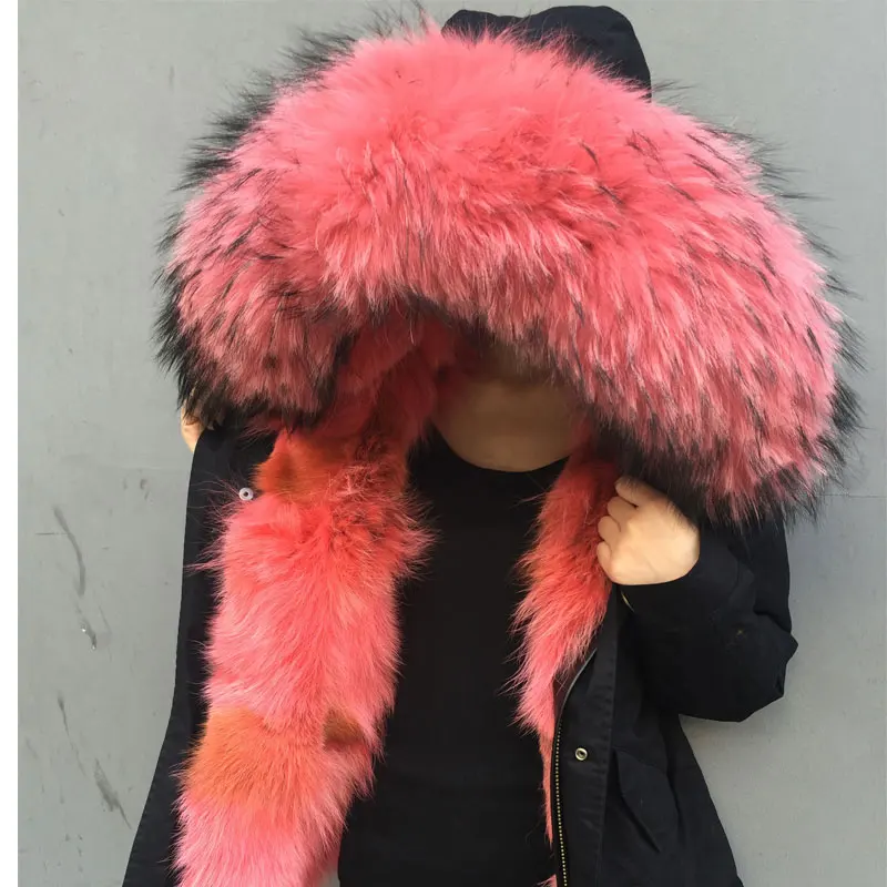 New Arrival Coral Red Fox Fur Lined Parka Short Black Cotton Overcoat For Women Big Raccoon Fur Hooded Jacket