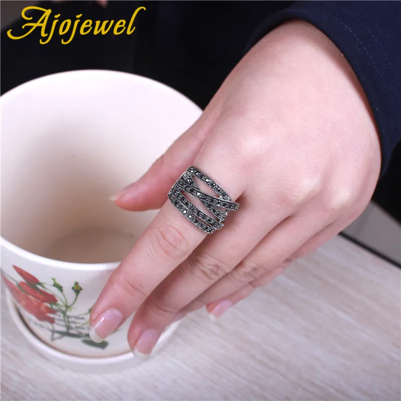 Ajojewel New Men Black Cross Ring Rhinestone Women Wide Band Rings Fashion Vintage Jewelry Wholesale Bijoux Femme