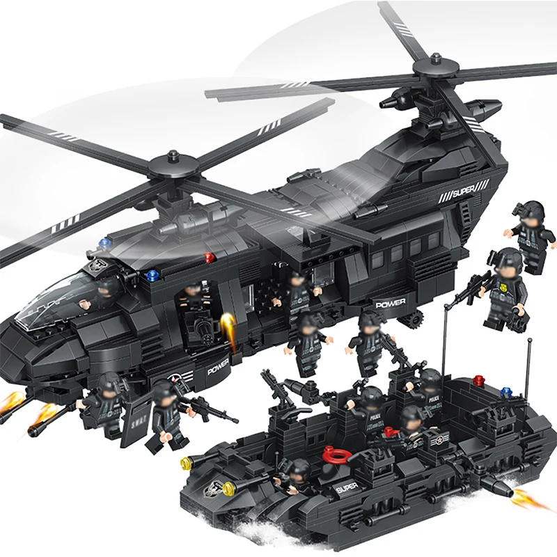 1351Pcs SWAT City Police Model Building Blocks Kits SWAT Team Transport Helicopter Kit Toys for Children Boys Gift