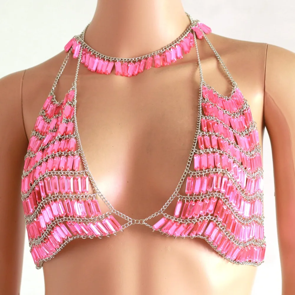 

Chran Sexy Acrylic Gem Bead Crop Top Chainmail Bra Choker Necklace Hot Pink Body Lingerie Festival Outfit Holiday Jewelry