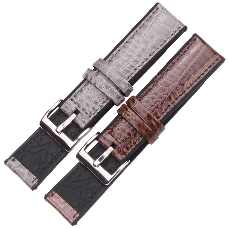 Genuine Leather And Rubber Watchbands Women Men Coffee Gray 20mm 22mm Watch Band Strap Diving Waterproof Bracelet