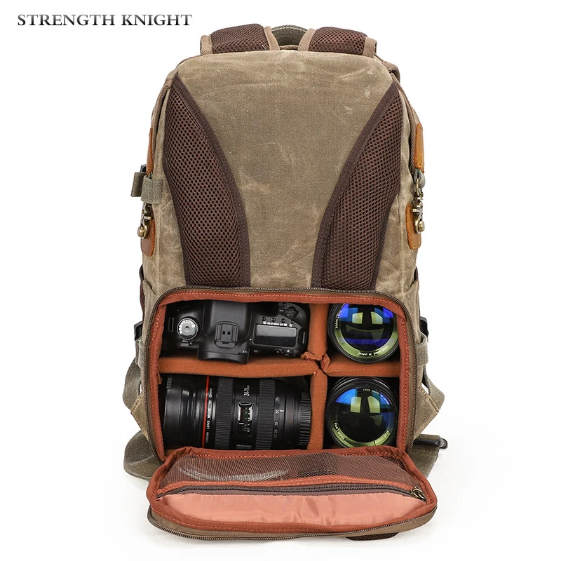 New SLR Camera Backpack Bag Waterproof Canvas&Leather Retro Camera Bag Men Vintage Camera Backpack Travel Camera Bag