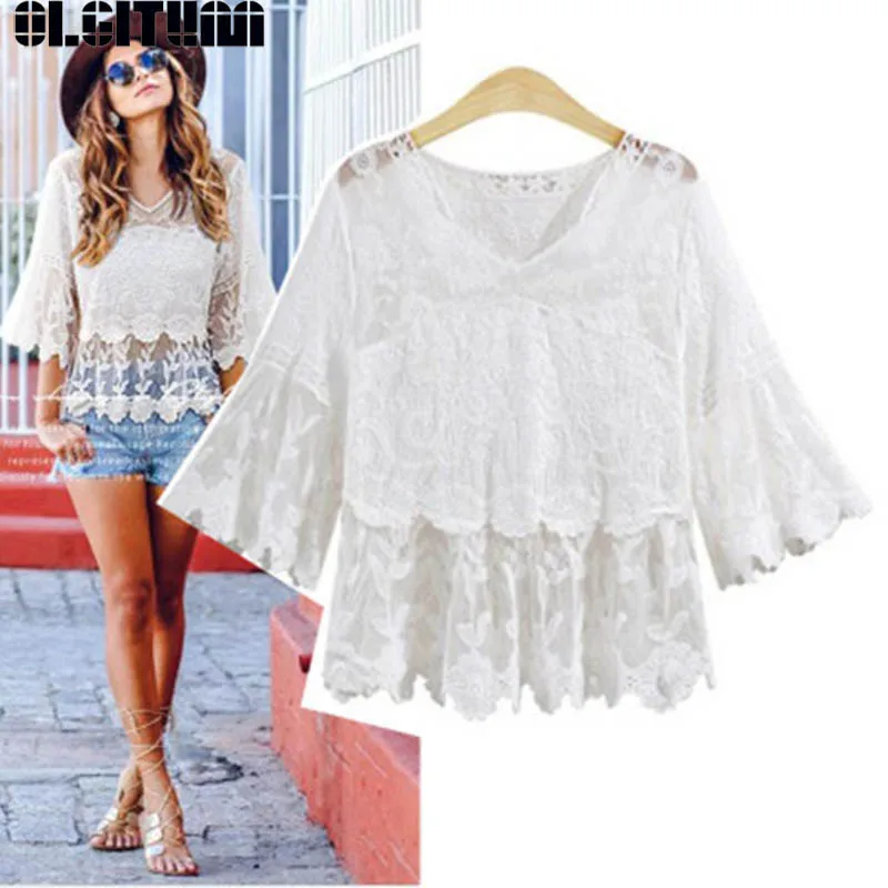 

New 2020 Female Shirt Solid Color Simple White Turtleneck Lace Top V-neck Sleeve Openwork Joker Shirt BS318