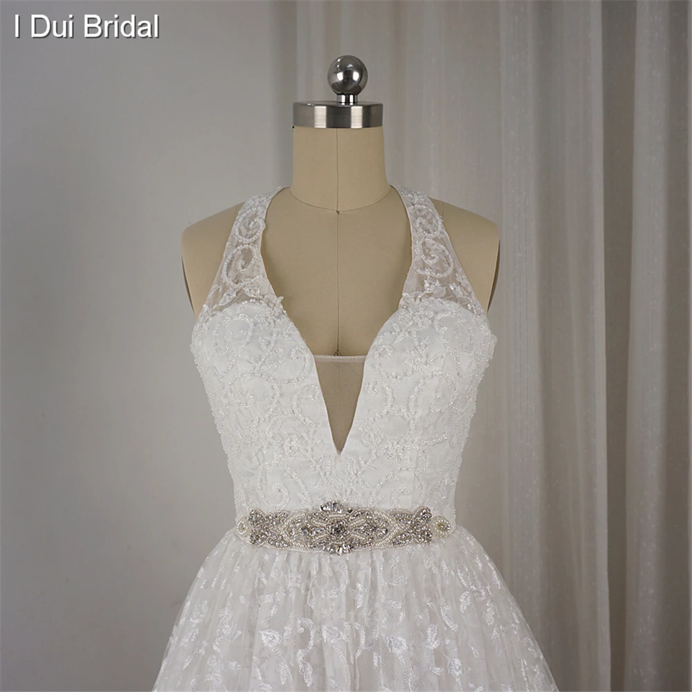 Halter Wedding Dress Jauh V Neck Ball Gown Lace Real Photo Bridal Gown Jewel Belt Custom Made ELS0002