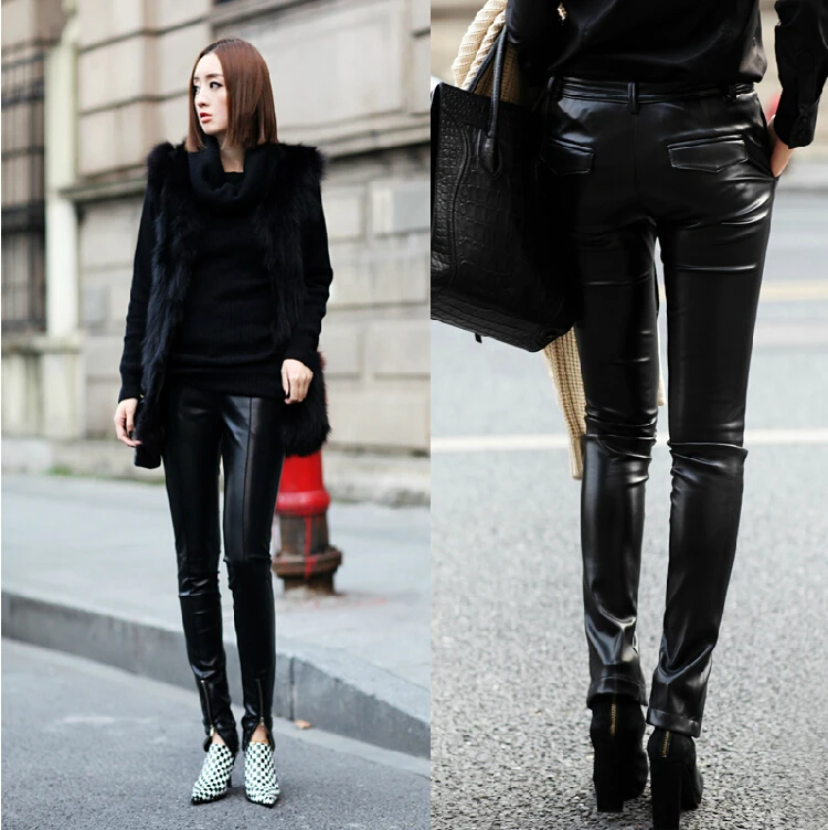 Can Be Customized ! Europe Us Women's Fashion New Thin Tight Leather Pants Zipper Opening Feet Pencil Pants Boots Pants Trousers