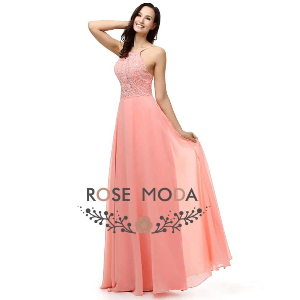 Rose Moda Bling Thin Straps Crystal Beaded Peach Floor Length Evening Dress