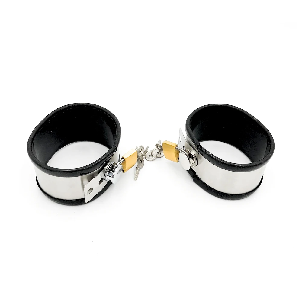 Black handcuffs ankle collar three pieces stainless steel silicone rubber black size customizable