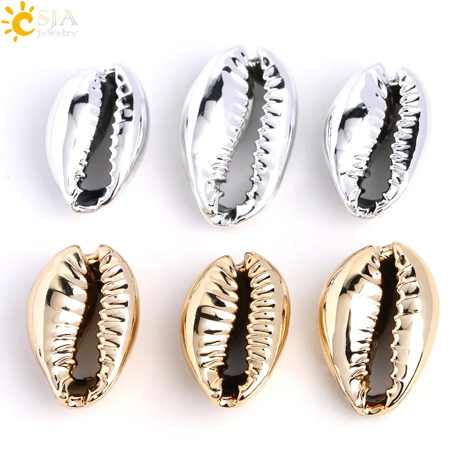 CSJA Natural Sea Kauri Cowrie Shell Beads for Jewelry Making Gold Silver Color Conch Puka Cowry Charms Metal Bead Jewellery S427