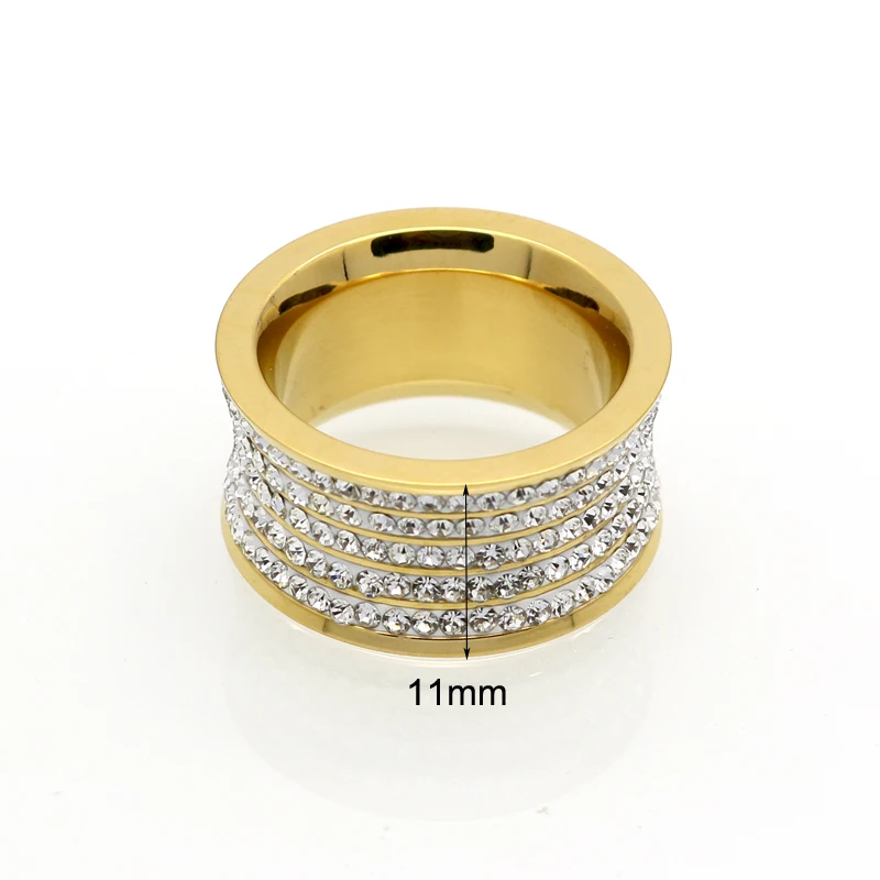 5 Row Brand Crystal Jewelry Fashoin Women Men Unisex Luxury 11mm Wide Rings Wholesale Gold Color Stainless Steel Wedding Rings