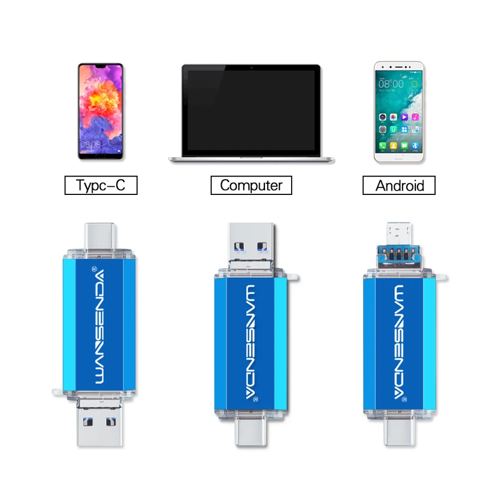ต้นฉบับ WANSENDA OTG USB Flash Drive 3 in 1 USB3.0 & Type-C และ Micro USB Stick ไดรฟ์ปากกา 512GB 256GB 128GB 64GB 32GB Pendrives