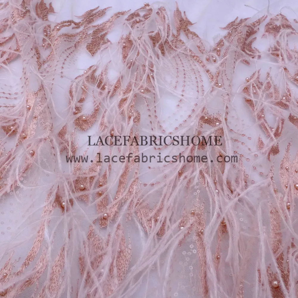 

Super nice workmanship nude feather pearls on net yarn embroidery stage dress/evening dress lace fabric 65cm by yard