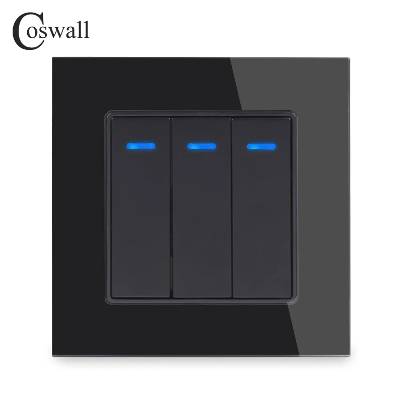 Coswall Luxury Crystal Tempered Glass Panel 3 Gang 1 Way Light Switch On / Off Wall Switch With LED Indicator 16A AC 12-250V