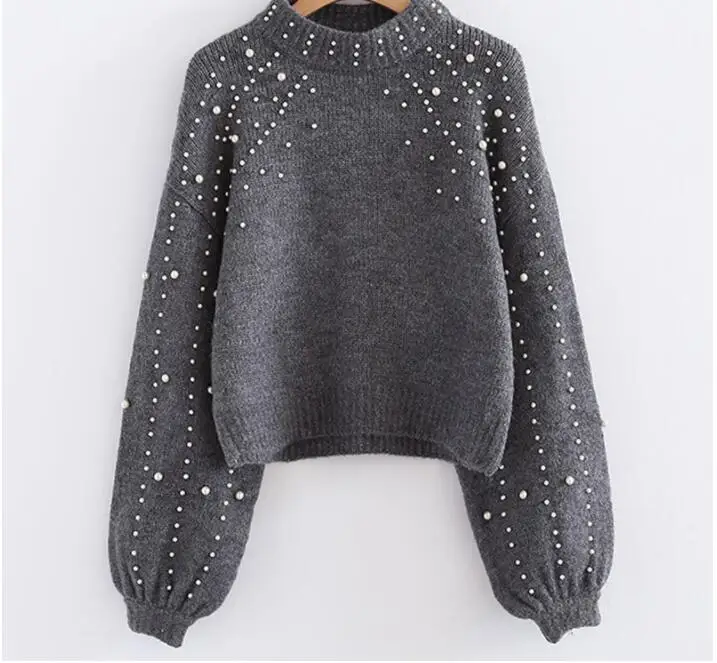 Winter knitted sweater Women Pearl Beading lantern sleeve loose gray pullover female Soft warm autumn casual jumper