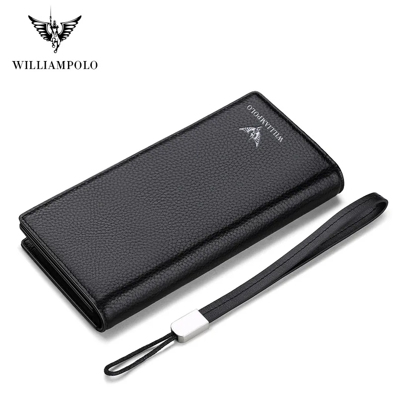 WilliamPOLO New Mens Wallet Zipper Hasp Long Genuine Leather Business Phone For Credit Cards Clutch Wallet Men POLO128A