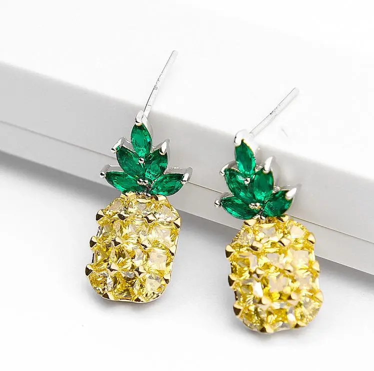 Elegant Pineapple Fruit Shiny CZ Zircon 925 Silver Needle Female Stud Earrings Wholesale Jewelry Women Valentine\'s Day Gifts