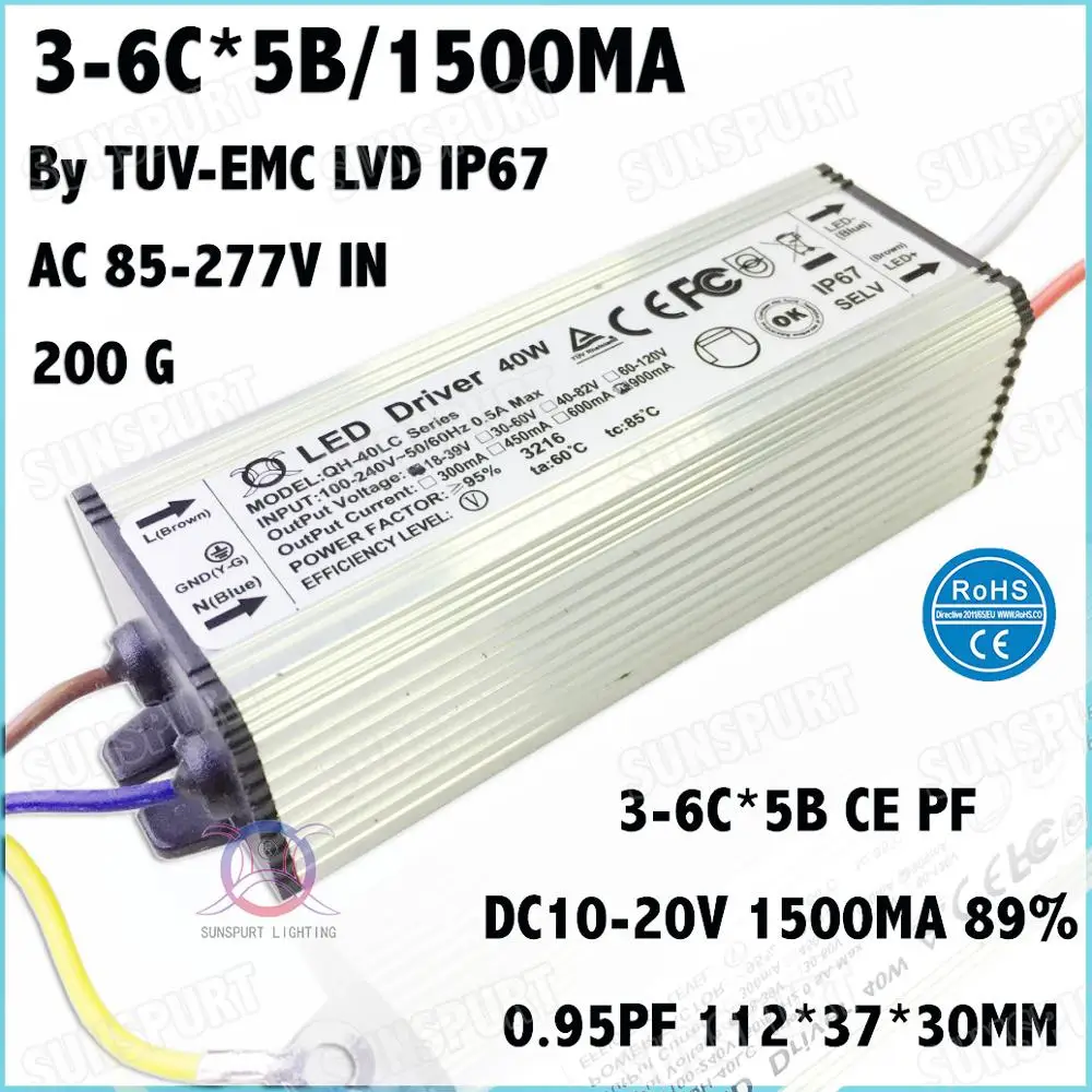 

3 Pcs TUV-CE PFC IP67 40W AC85-277V LED Driver 3-6Cx5B 1500mA DC11-20V Constant Current LED Power For Ceiling Lamp Free Shipping