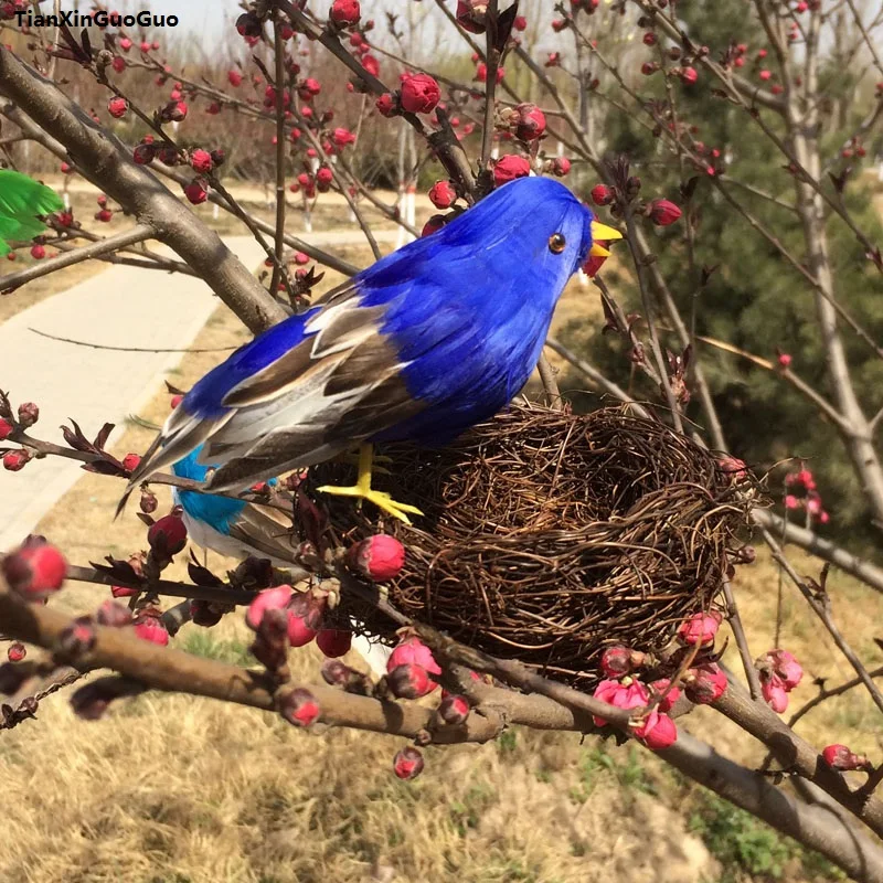 

about 12cm simulation bird hard model polyethylene&feathers bird with nest handicraft garden decoration gift s1097
