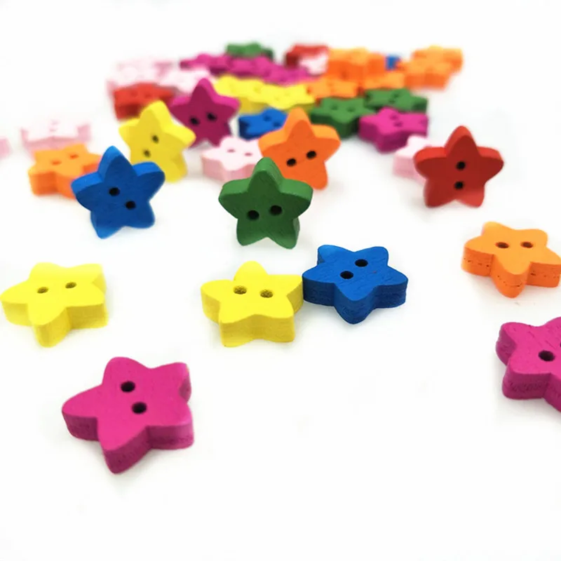 100 Pcs 13mm Colorful Wooden Star Buttons 2 Holes Clothes Button for Sewing Scrapbooking Art Crafting DIY Decoration 5BB5601