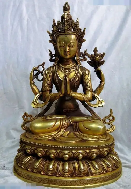 

13" China brass carved Kwan-yin sculpture buddhism Four arm Guanyin Statue