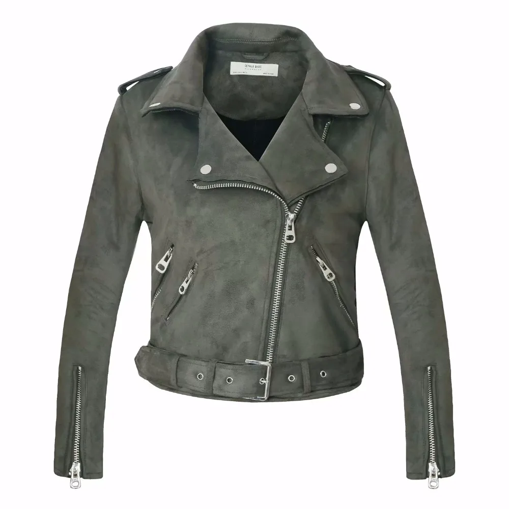 New Fashion Women suede motorcycle jacket Slim brown full lined soft faux Leather female coat veste femme cuir epaulet zipper