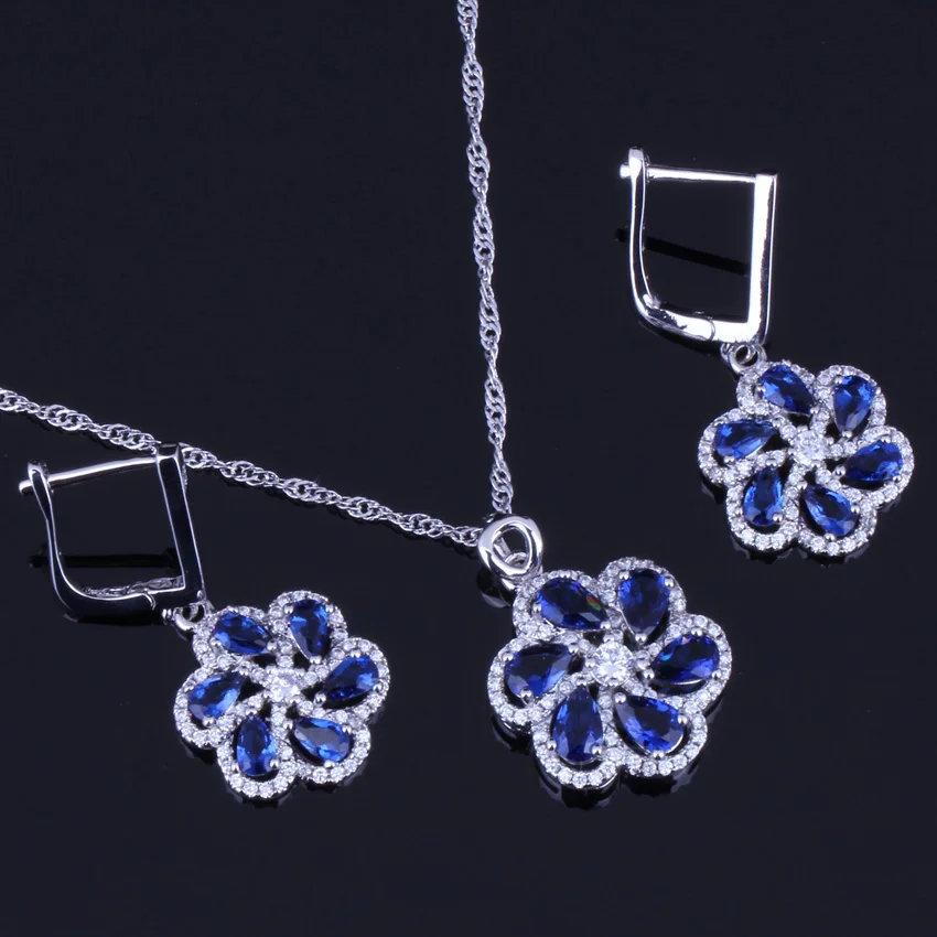 Valuable Blue Cubic Zirconia White CZ Silver Plated Jewelry Sets Earrings Pendant Chain V0018