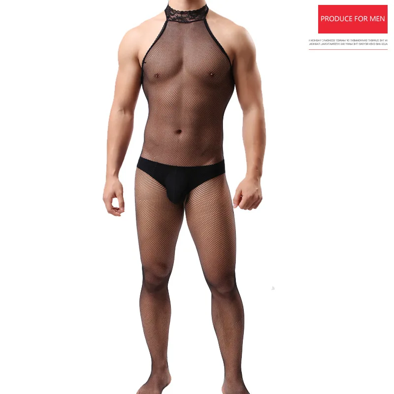 

Men's Sexy Transparant Small Mesh full Body Socks breathable male Pull Out Bodystockings Open Crotch Tights 9108