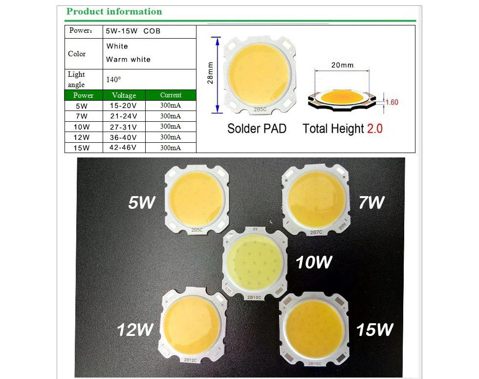 Alta potência epistar cob 5w 7w 10 12w 15w dc 15v-46v smd integrado para projector projector branco quente/branco