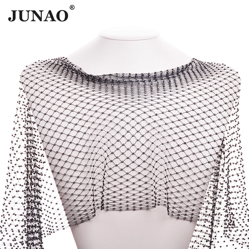 

JUNAO Sewing Black AB Glass Rhinestone Mesh Fabric Trim Crystal Applique Stretch Diamond Strass Banding for Clothes Crafts