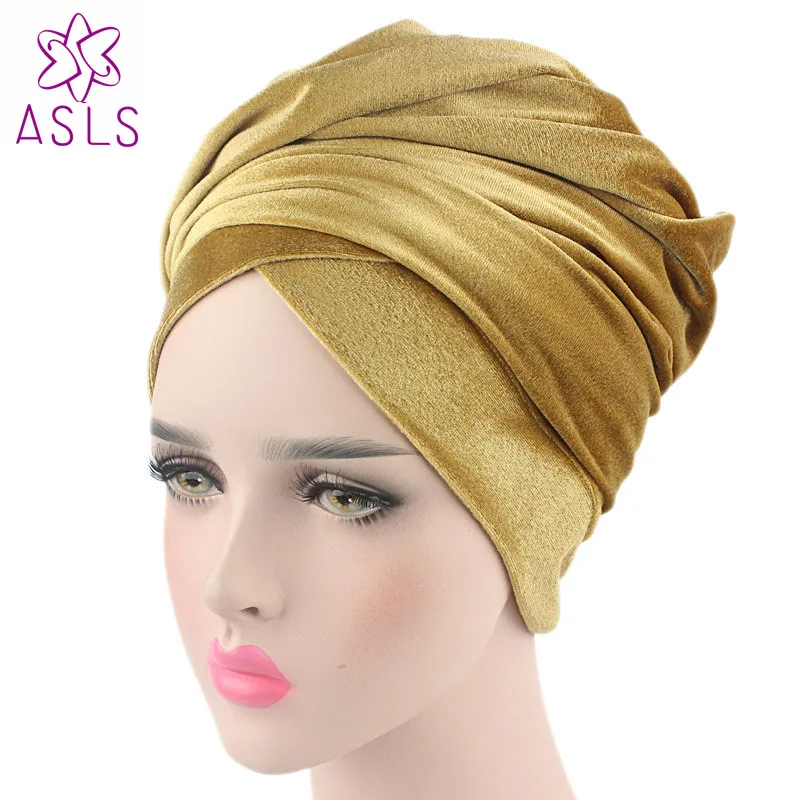 

High quality Style New women and men Velvet Long Turban Tail Cap Wrapped Head Muslim hijab shawl Scarf Hat Headwrap Scarf