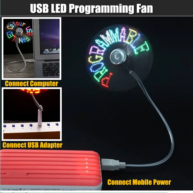 DIY USB LED Light Flash Self Program Fan Edit&Display Colorful Letters Symbol Number Greetings Slogan Fan for PC & Mobile Power