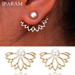 IPARAM Lotus pearl Jacket Flower Stud Earrings For Women fashion Jewelry Double Sided Gold Silver Plated earrings