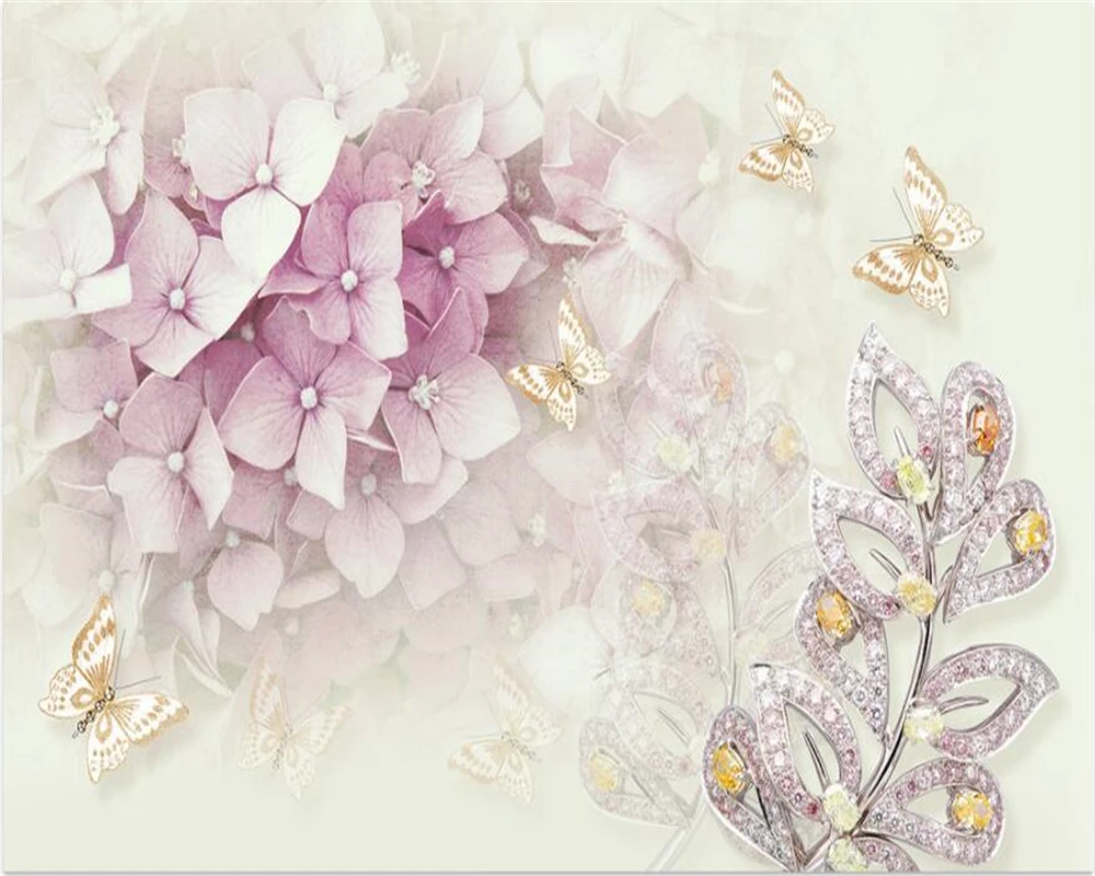 Beibehang Custom Wallpaper Home Decorative Mural 3d Purple Hydrangea Crystal Jewelry Leaf Butterfly TV Wall murals 3d wallpaper