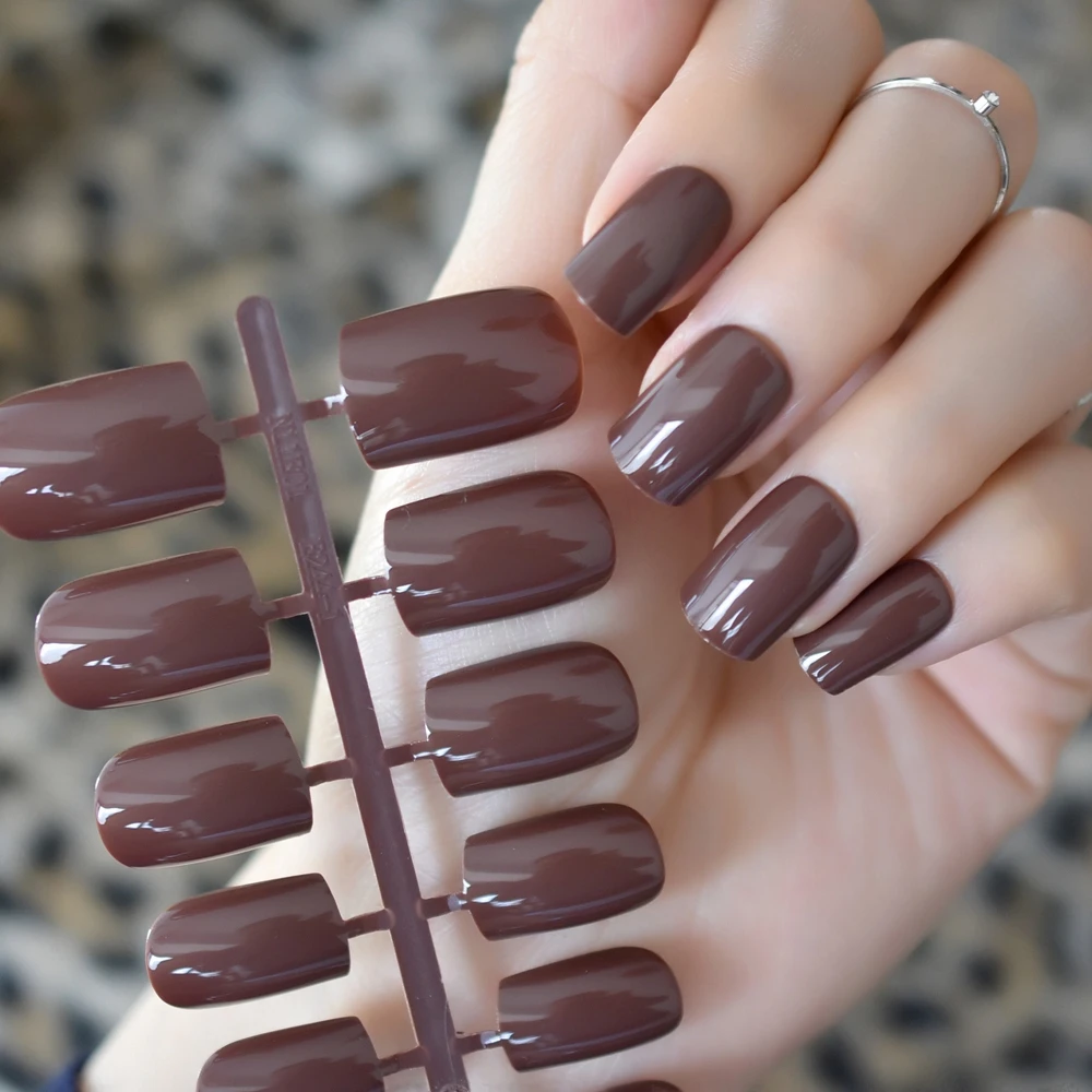 Café marrom unhas falsas ponta de chocolate efeito uv falso prego cobertura completa comprimento médio quadrado abs artificial diy manicure do prego