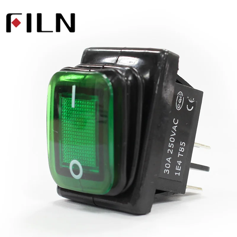 kcd4 heavy duty four foot waterproof on off sliver contact point copper pin green red led lamp 220v 30A rocker switch