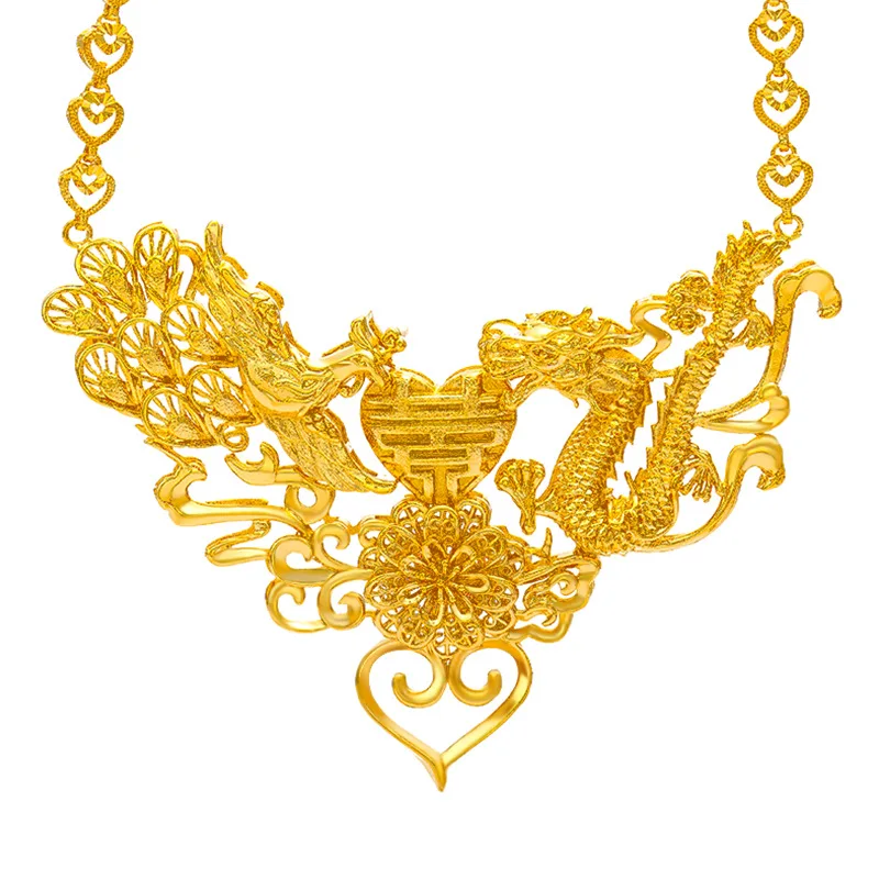 Vintage Yellow Gold Filled Dragon & Phoenix Pendant Necklace Womens Wedding Bridal Jewelry Gift