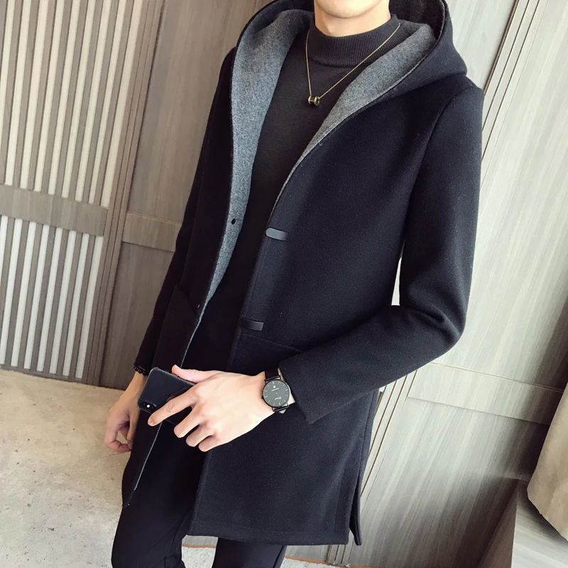 

Mens Hooded Trench Coats Long Black Coat Mens Casaco Longo Masculino Street Style Mens Woolen Veste Homme Long Coats Slim Fit