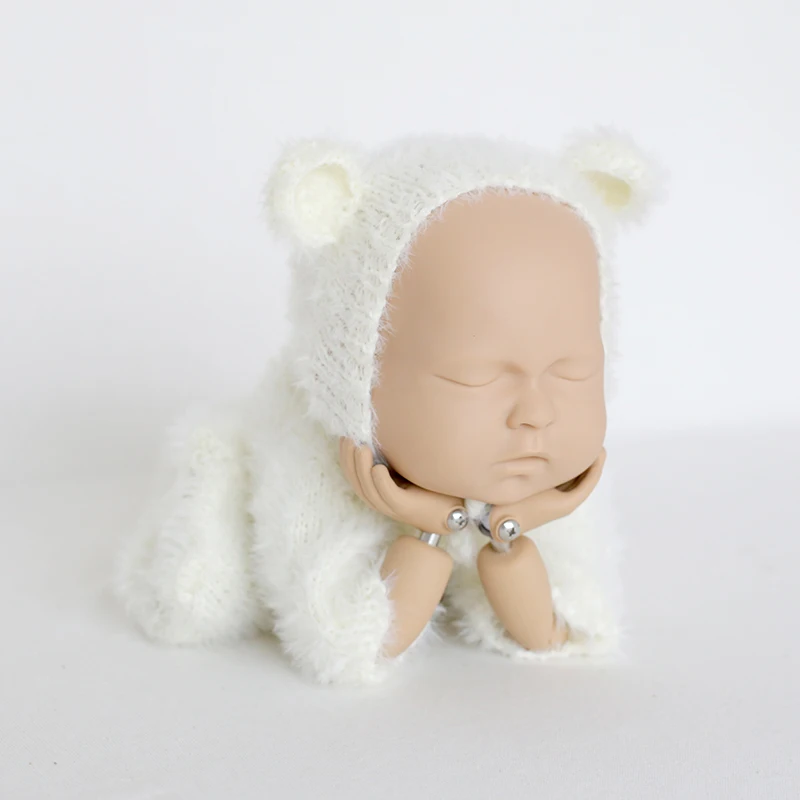 Newborn Fuzzy Teddy bear Bonnet Suit Knit Baby Girl Photography Romper Hat Newborn Bodysuit Onesie Soft Baby Bonnet Jumpsuit