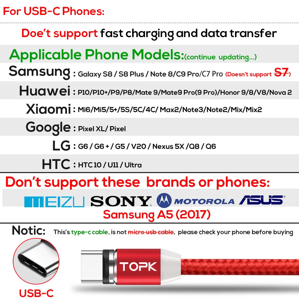 TOPK AM23 1M LED Magnetic Cable & Micro USB Cable & USB Type C Cable Nylon Braided Type-C Magnet Charger Cable for iPhone Xs Max