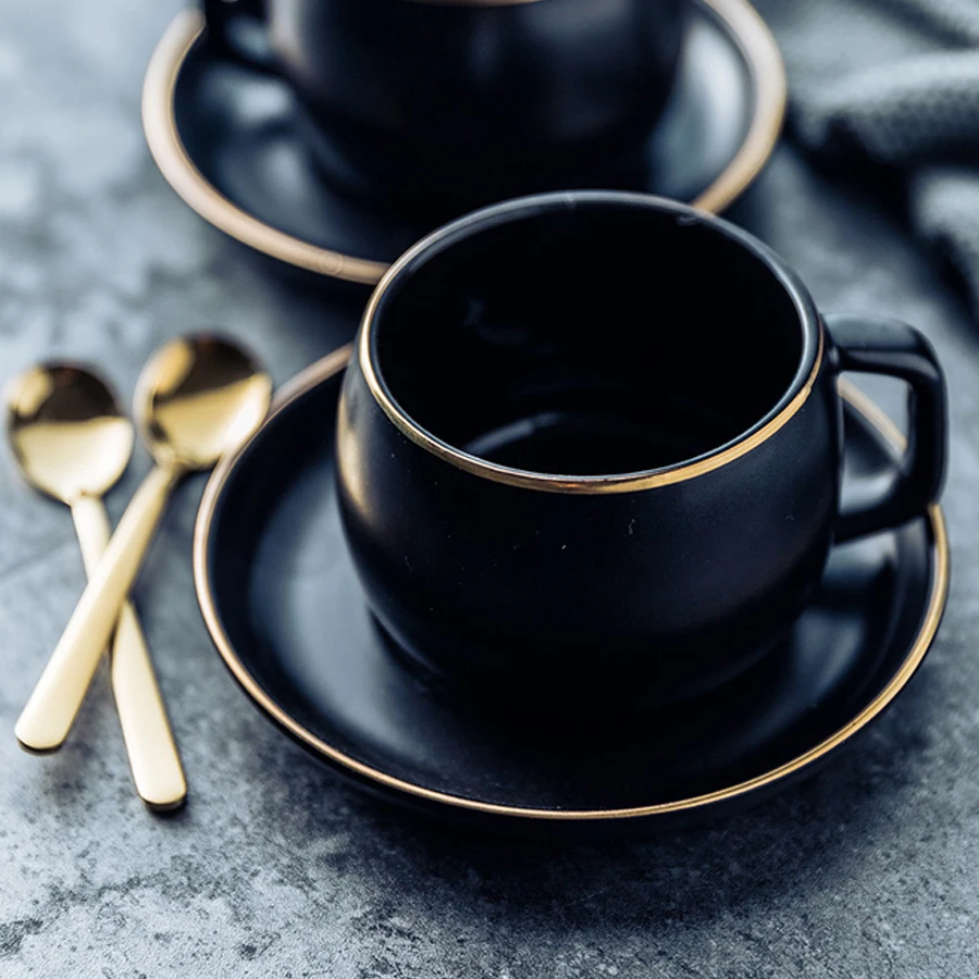 MUZITY Ceramic Coffee Cup and Saucer Black Pigmented Porcelain Tea Cup Set with Stainless Steel 304 Spoon