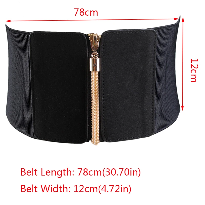 HATCYGGO Women Elastic Cinch Belt Wide Stretch Waist Belt Gold Tassel Zipper Corset Cummerbund Dress Adornment For Women Straps