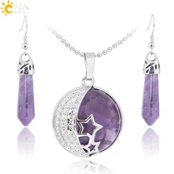 CSJA Classic Love Summer Beach Crystal Jewelry Set Moon Stars Natural Purple Stone Pendants Necklace Dangle Drop Earring E385