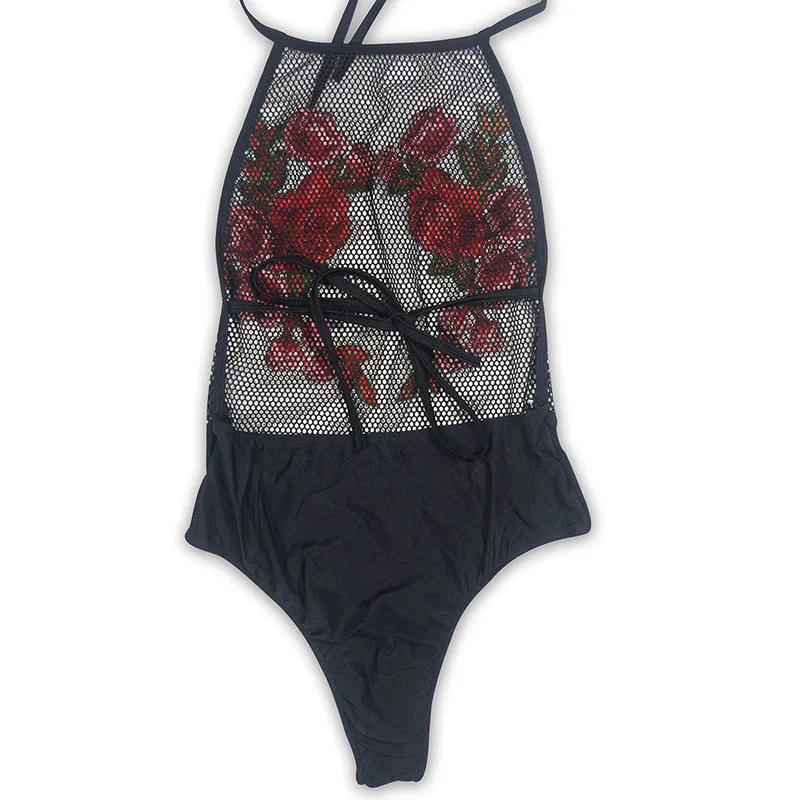 Sexy Womens Transparent Floral Bodysuit Lady Halterneck Hollow Jumpsuit Playsuit