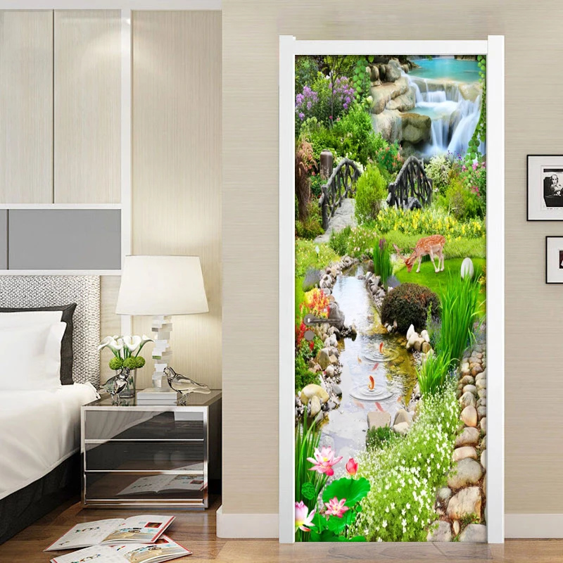 

3D Door Sticker Park Mural Wooden Bridge Waterfall Stream Photo Wallpaper Wall Stickers PVC Self Adhesive Living Room Bedroom