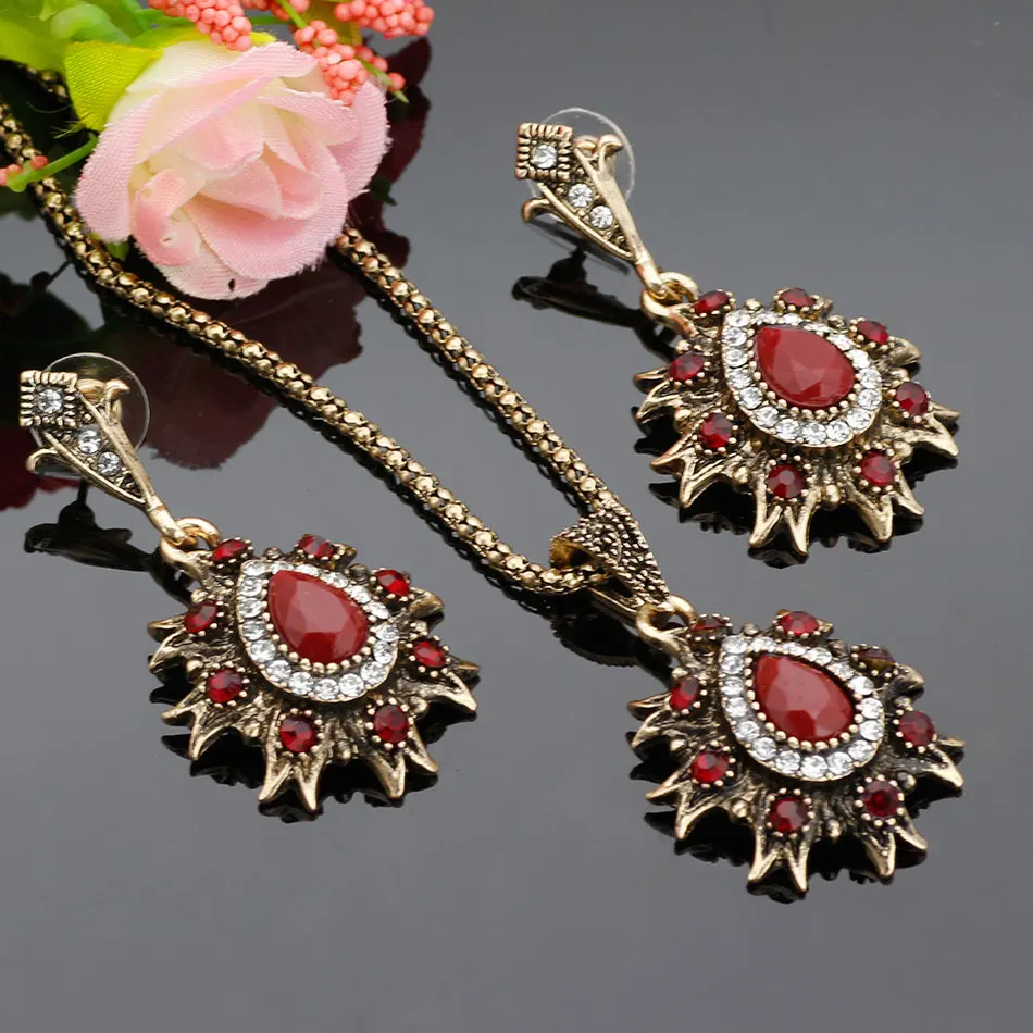 2018 India Vintage Look Jewelry Sets Pendants Necklace Drop Earring For Women Bronze Color Mosaic Red Resin Turkish Party Gifts